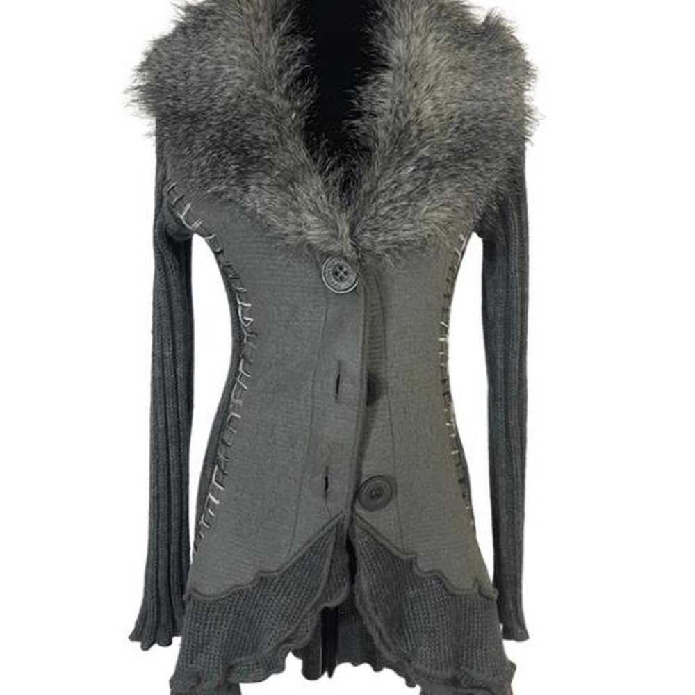 Cardigan Sweater with faux fur collar-Gray Semi lightweight
